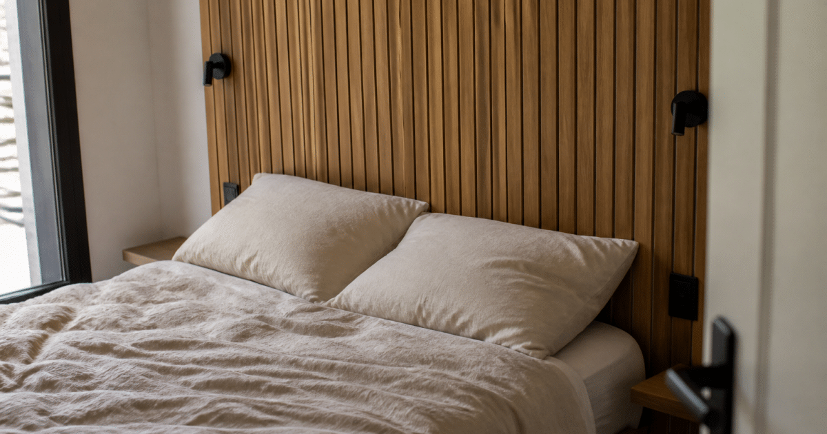 Panneau bois vertical fixe derriere lit double