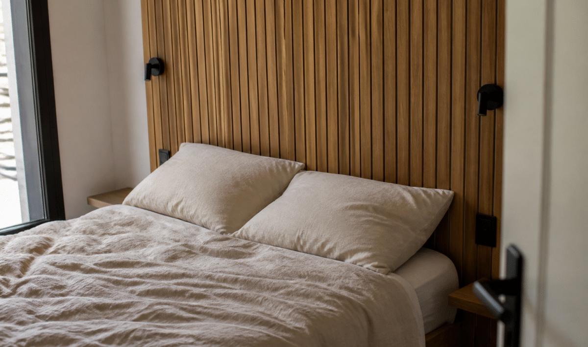Panneau bois vertical fixe derriere lit double