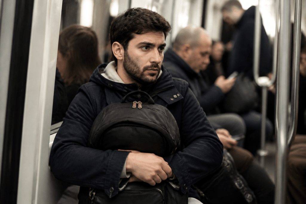Voyageur vigilant tenant son sac fermé dans métro