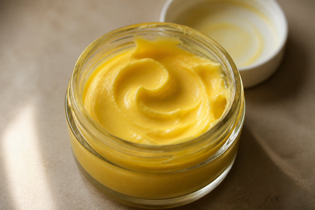 Pot cosmetique texture epaisse et fluide jaune