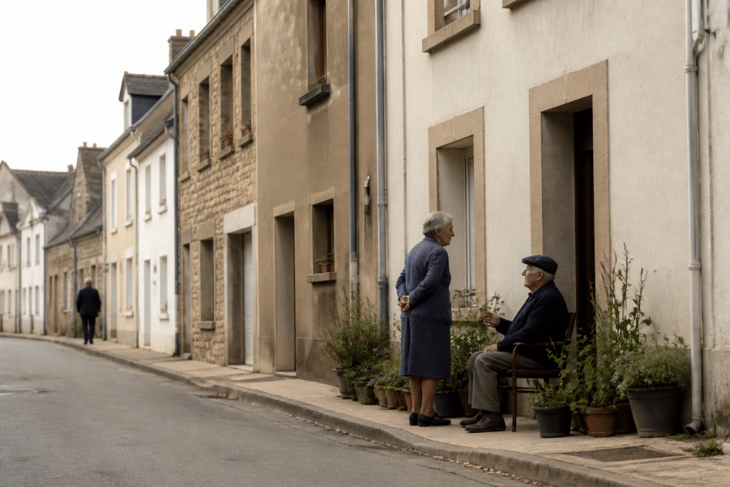 Maisons residentielles avec habitants dans quartier urbain breton