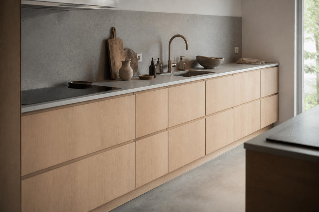 Cuisine moderne avec meubles base soixante centimetres alignes