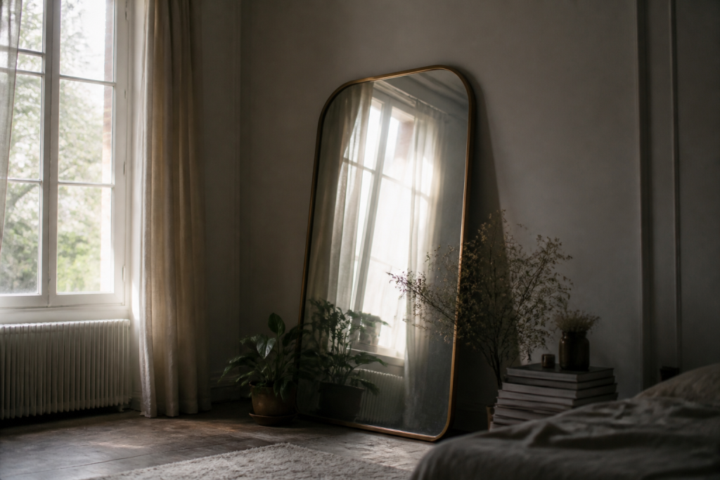 Grand miroir reflechissant lumiere naturelle depuis la fenetre