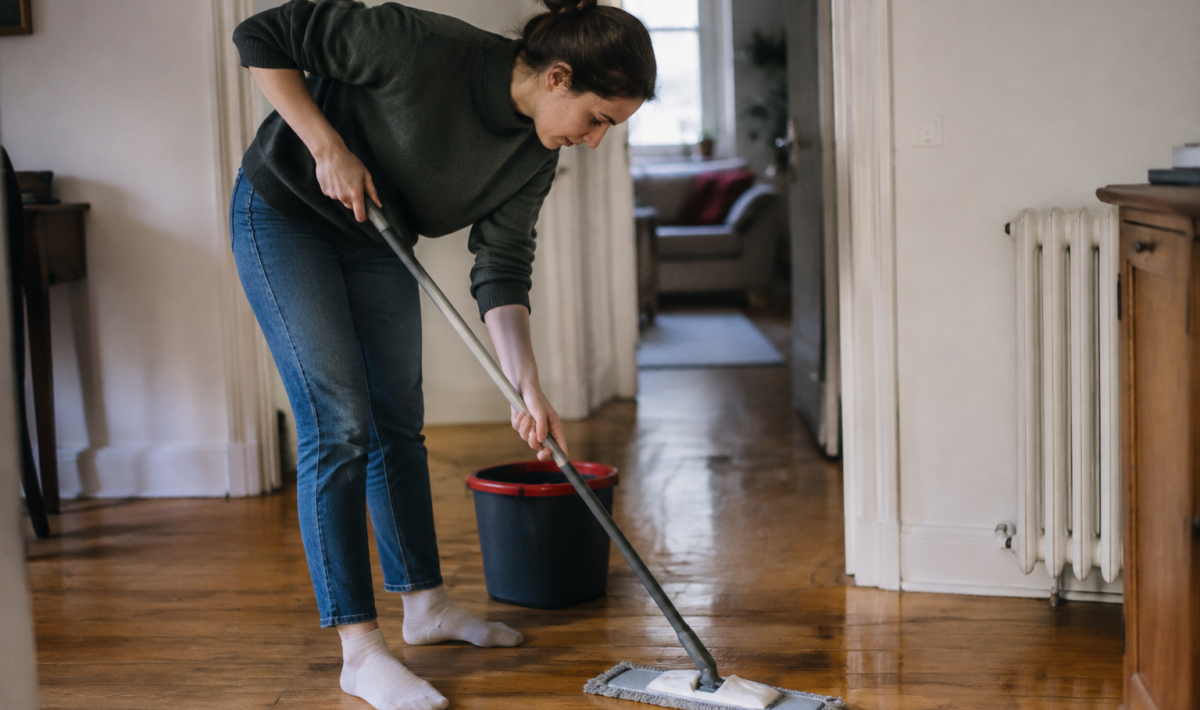 Personne penchee passe serpillere sur le parquet bois