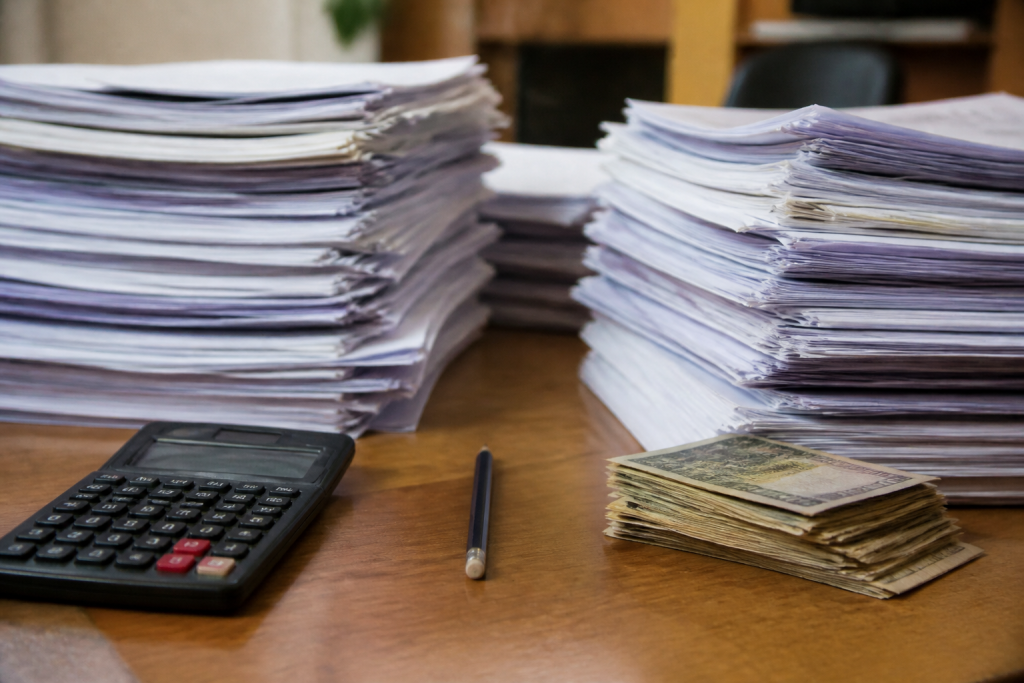 Piles de formulaires avec crayon calculatrice et argent