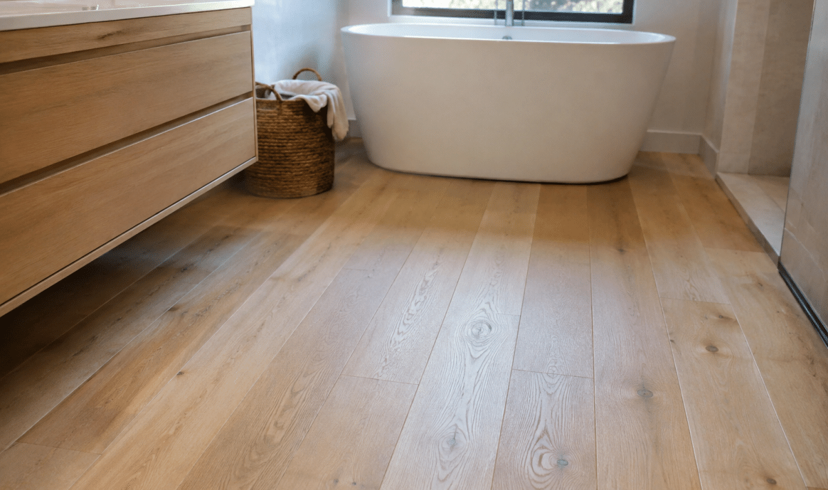Planches bois clair posees horizontalement couvrant sol salle bain