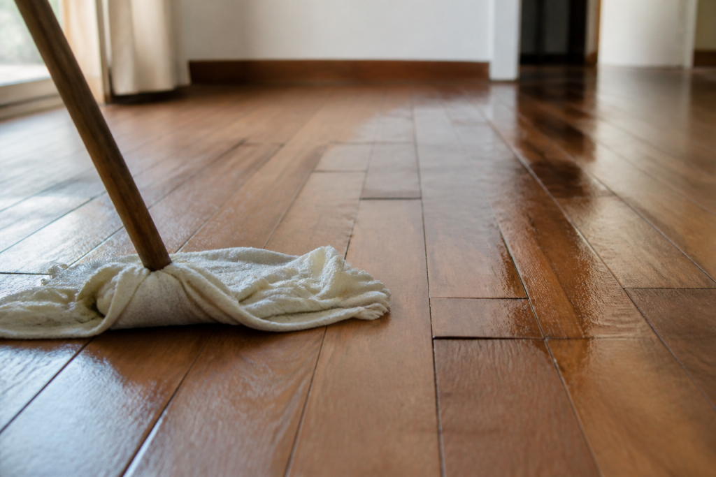Serpilliere mouille passee sur lames parquet gonflees