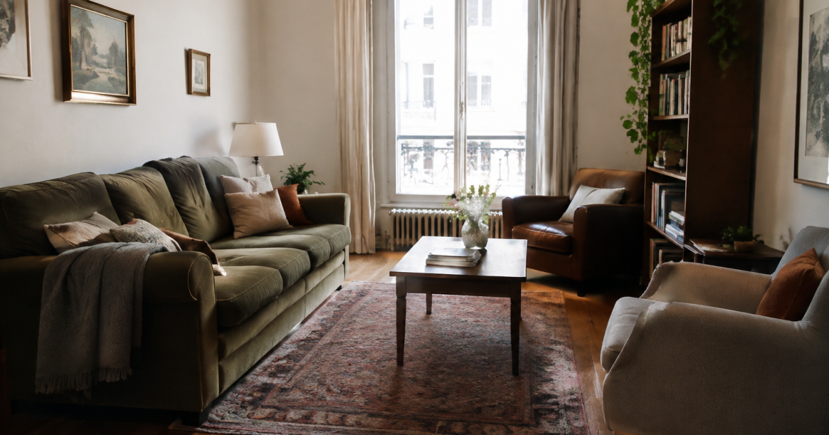 Sofa et fauteuils disposes le long des murs