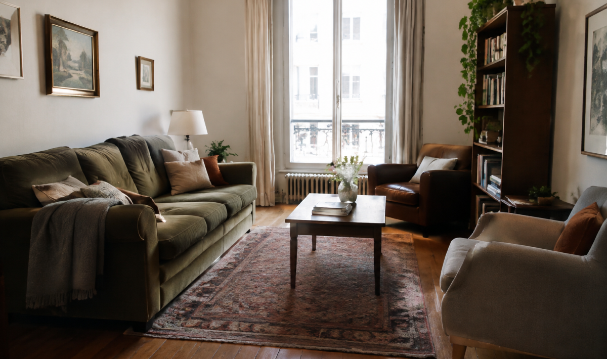 Sofa et fauteuils disposes le long des murs