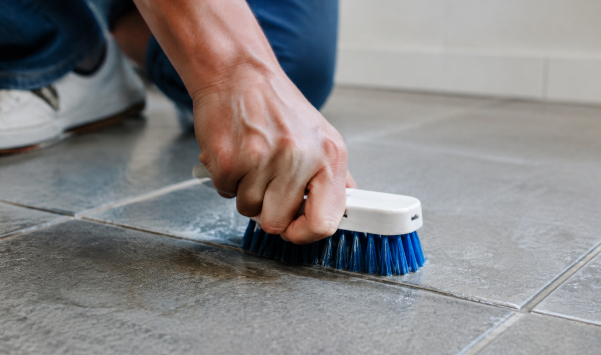 Brosse frotte horizontalement zones grises entre carreaux