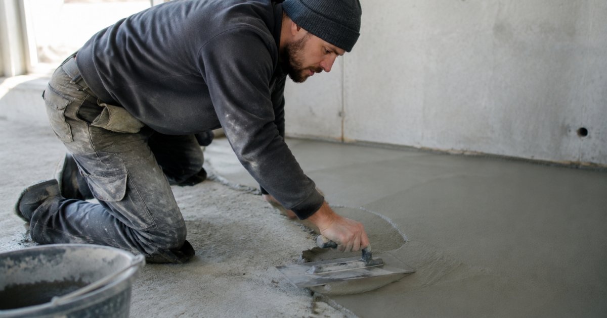 Ouvrier agenouille lisse un enduit gris sur dalle brute