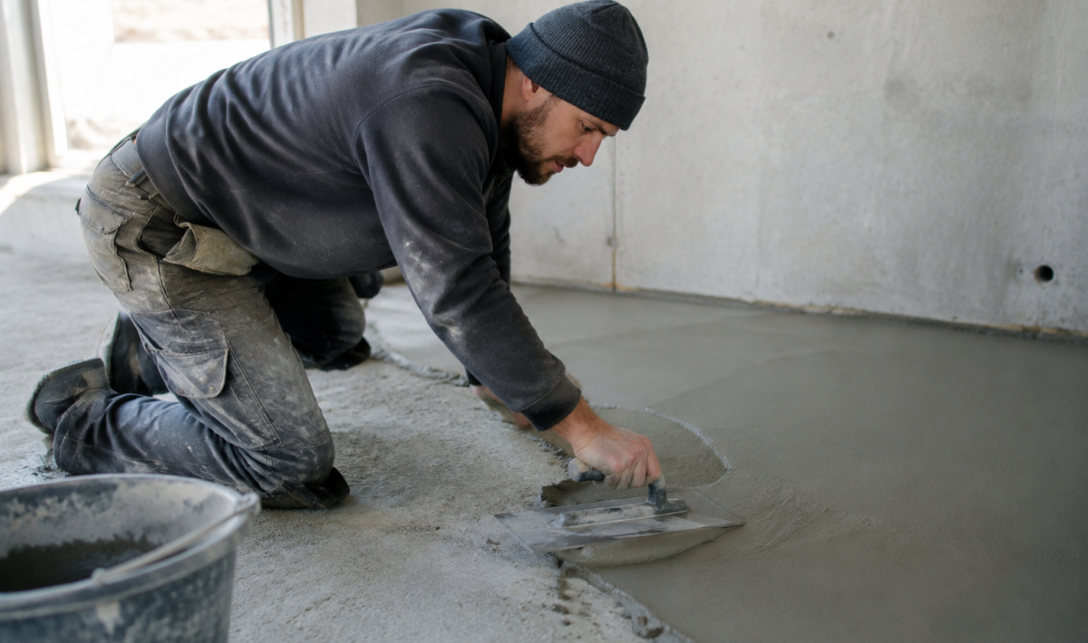 Ouvrier agenouille lisse un enduit gris sur dalle brute