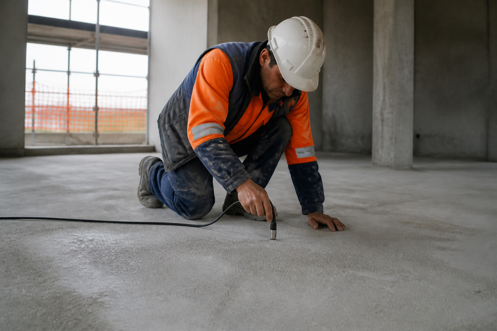 Ouvrier pose une sonde sur chape beton grise
