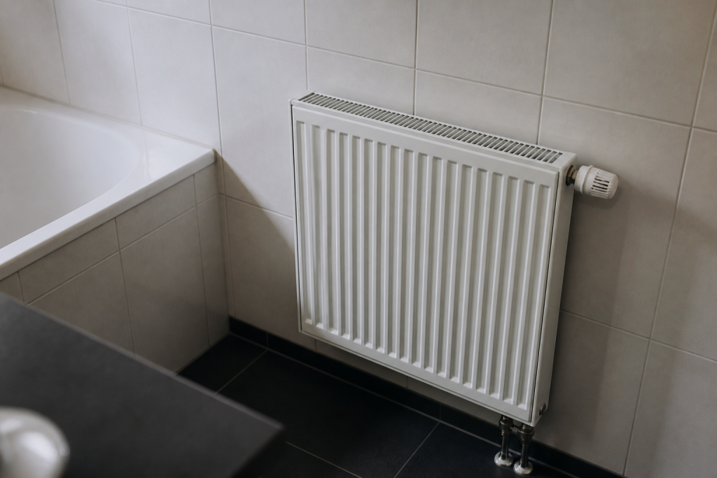 Radiateur blanc acier sur mur carrelage