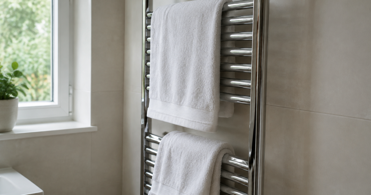 Serviettes blanches accrochees sur radiateur chrome mural