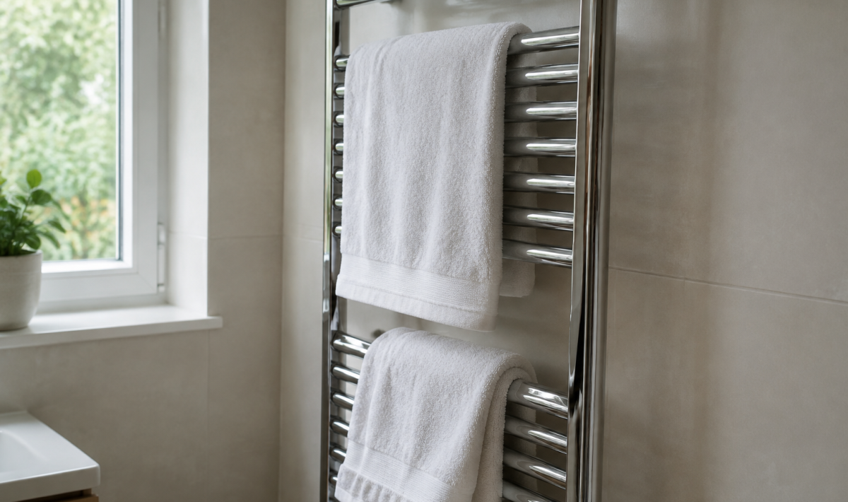 Serviettes blanches accrochees sur radiateur chrome mural